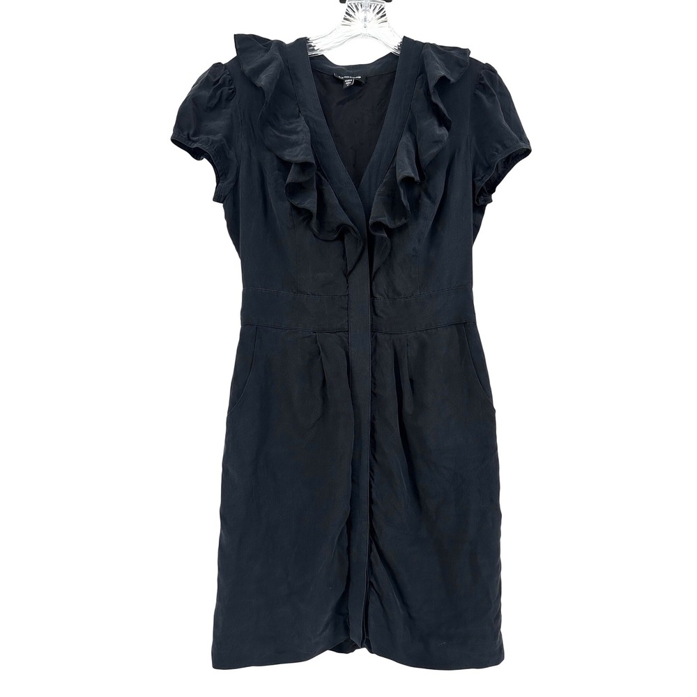 Bebe Black 100% Silk Ruffle V-Neck Puff Sleeve Mini Dress Pockets Size S Elegant